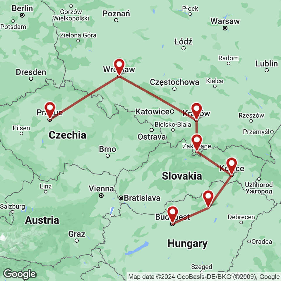 Route for Prague, Wroclaw, Krakow, Zakopane, Kosice, Eger, Budapest tour
